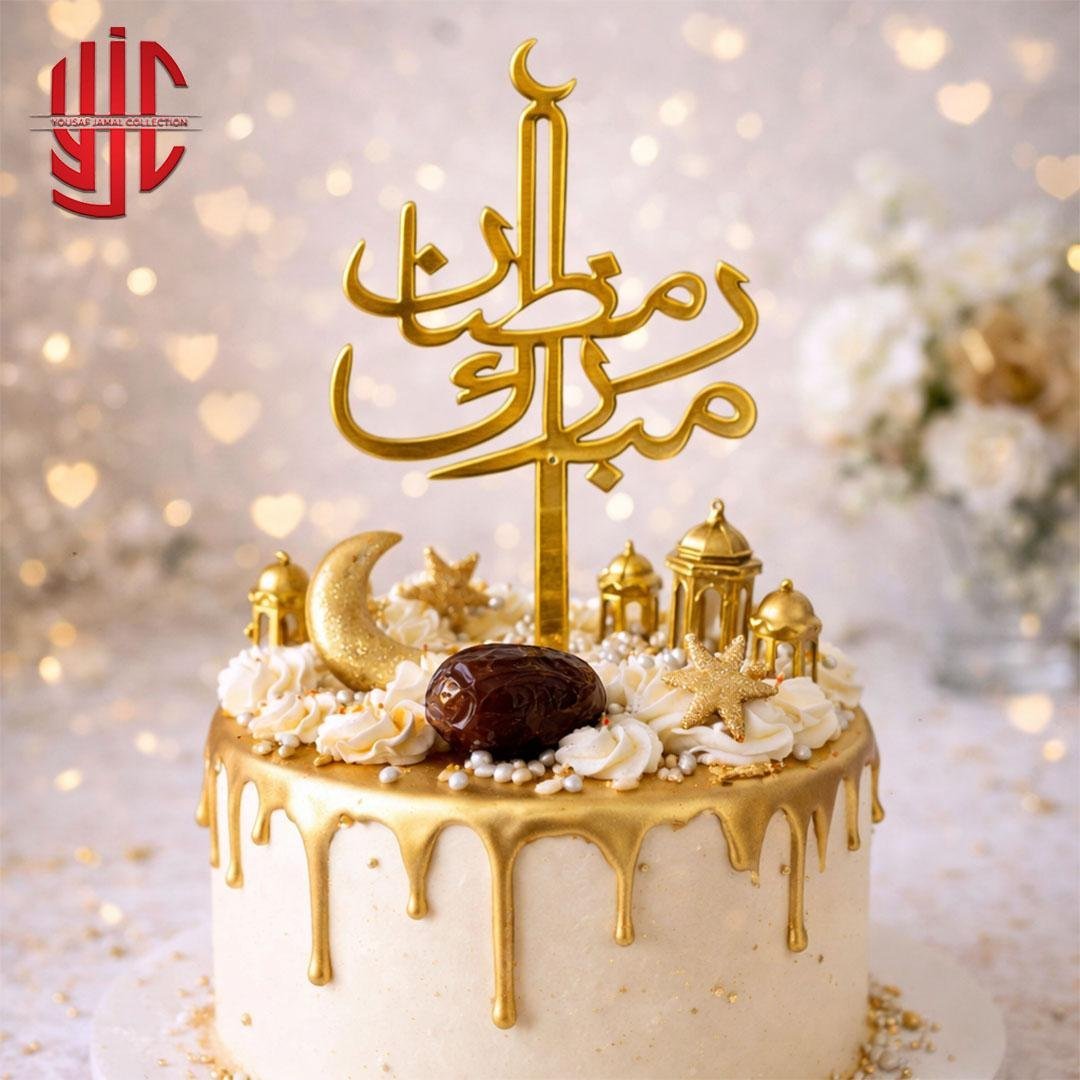 yjc-DCTP-041-1.jpg Acrylic Ramzan Mubarak In Urdu Cake Topper Golden - Image 1