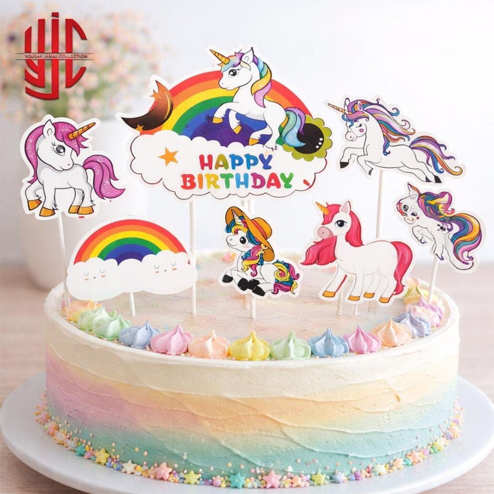 yjc-DCTP-060-1.jpg Unicorn Theme Paper Cake Topper 7 Pieces Set - Image 1