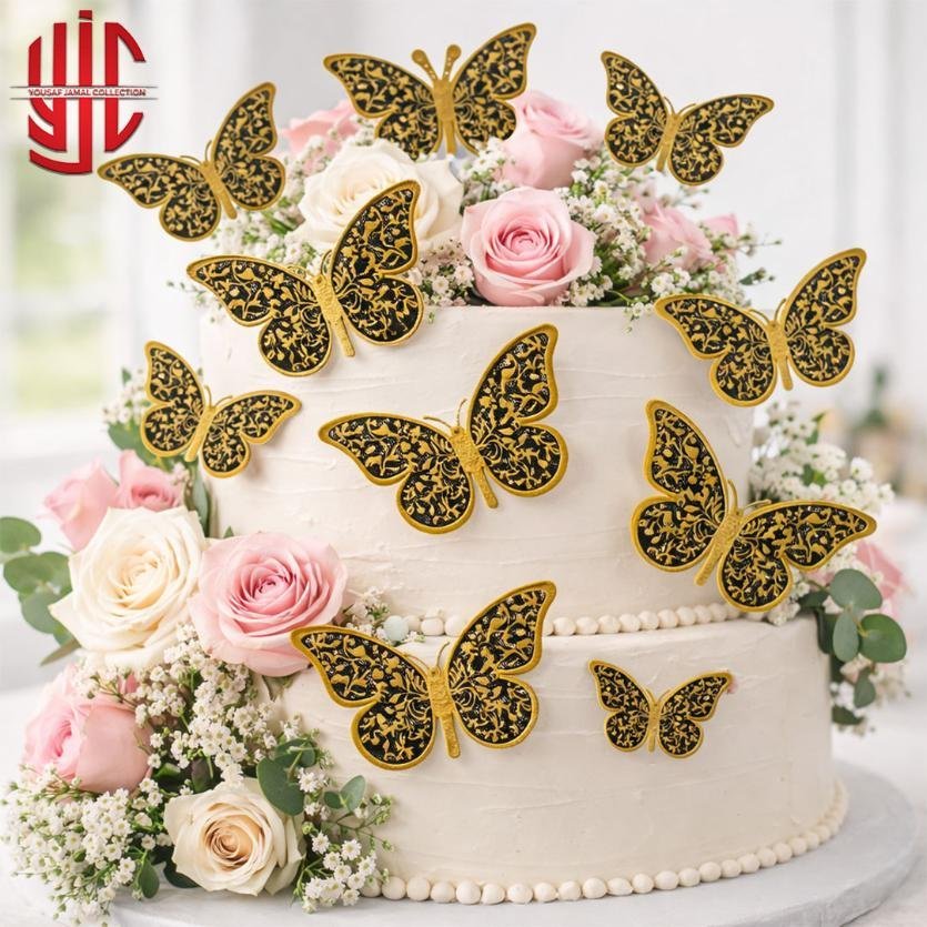 yjc-DCTP-073-1.jpg Black Butterfly Cutouts With Gold Textures 12 Pieces Pack - Image 1