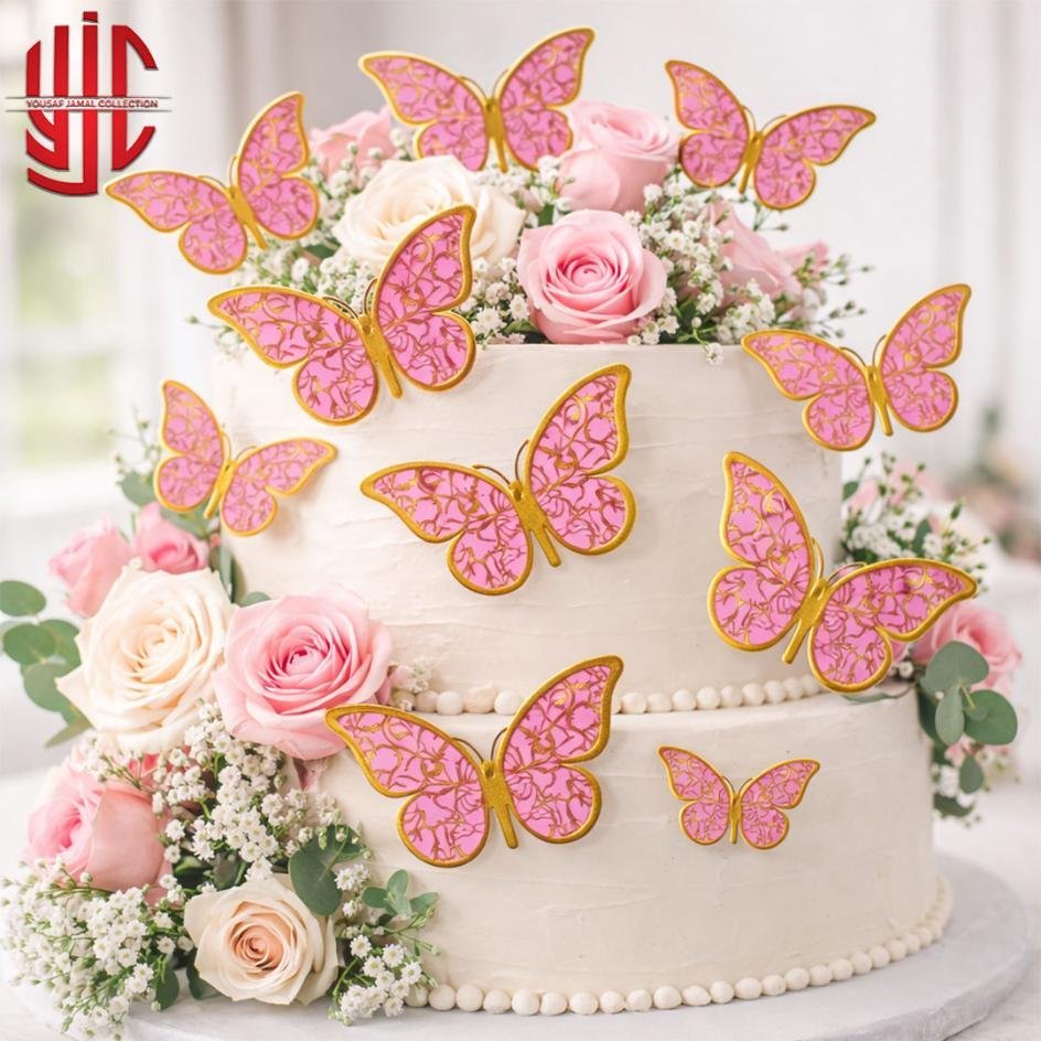 yjc-DCTP-075-1.jpg Pink Butterfly Cutouts With Gold Textures 12 Pieces Pack - Image 1