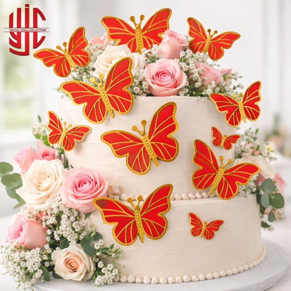 yjc-DCTP-086-1.jpg Red Butterfly Cutouts With Golden Borders 12 Pieces Pack - Image 1