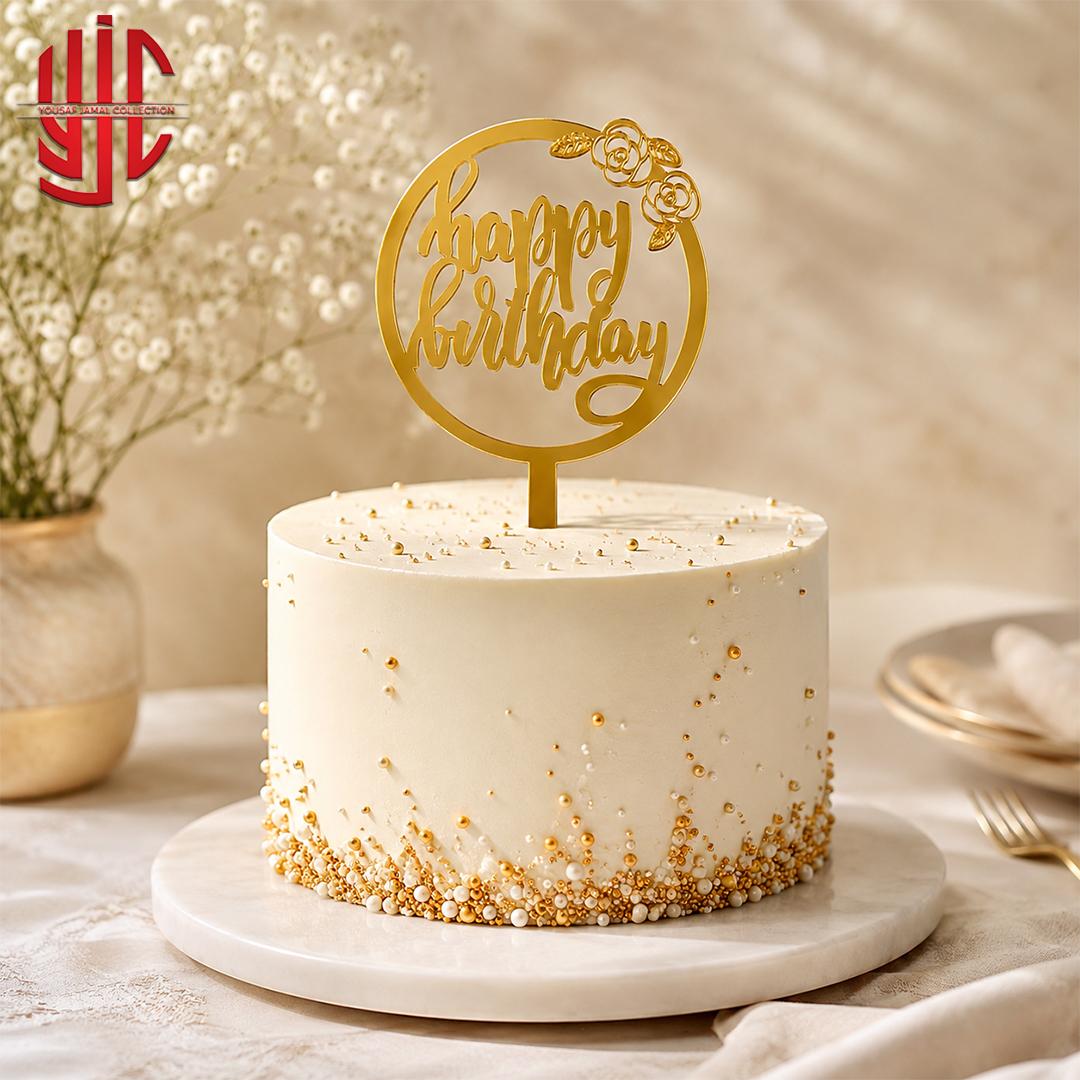 yjc-DCTP-127-1 Acrylic Happy Birthday Flowers Golden Topper - Image 1