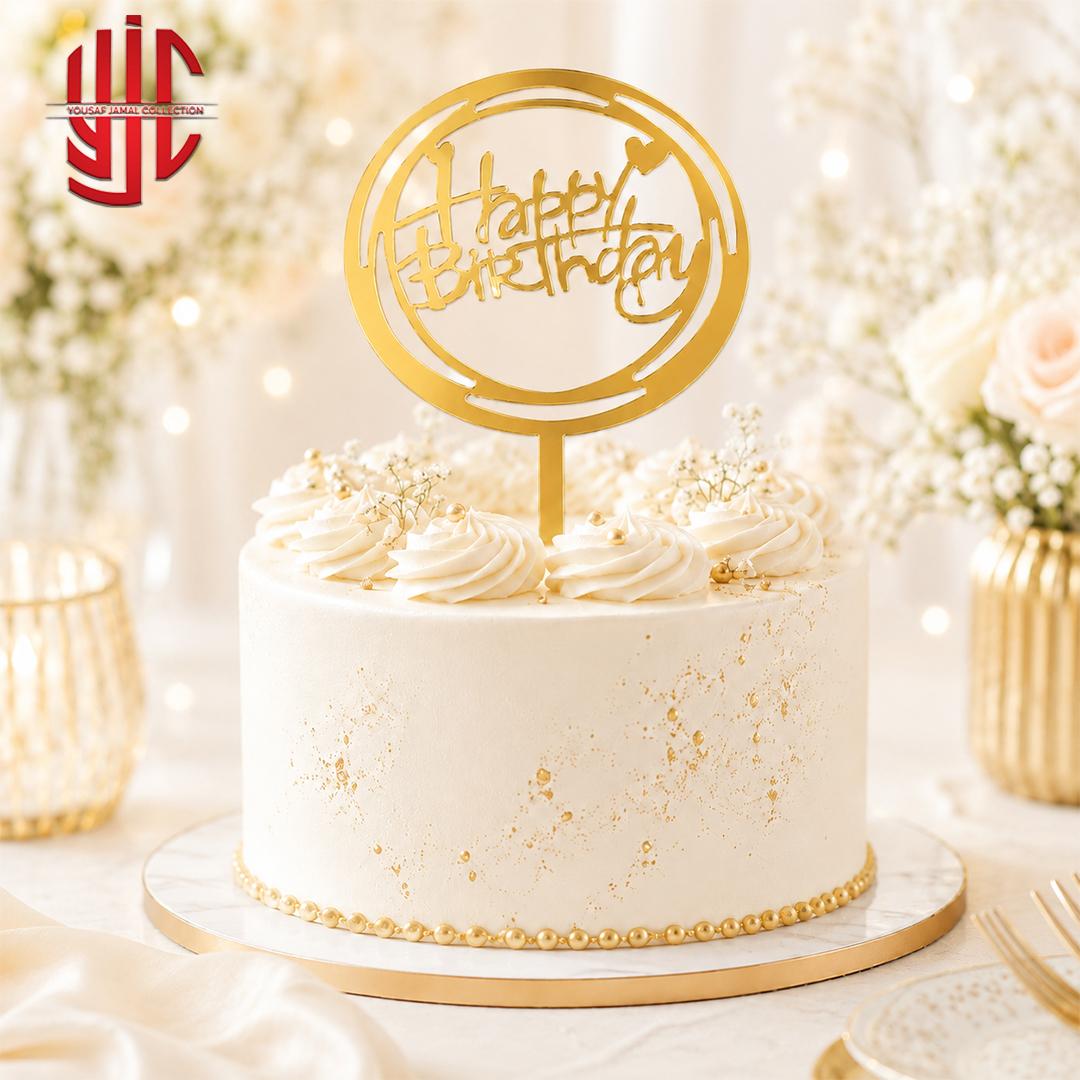 yjc-DCTP-129-1 Acrylic Round Happy Birthday Hearts Golden Topper - Image 1