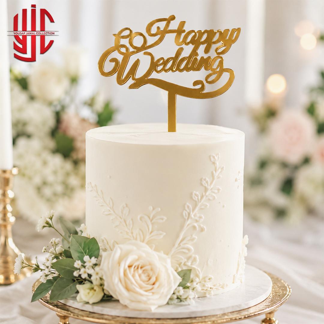 yjc-DCTP-141-1 Acrylic Happy Wedding Golden Topper - Image 1