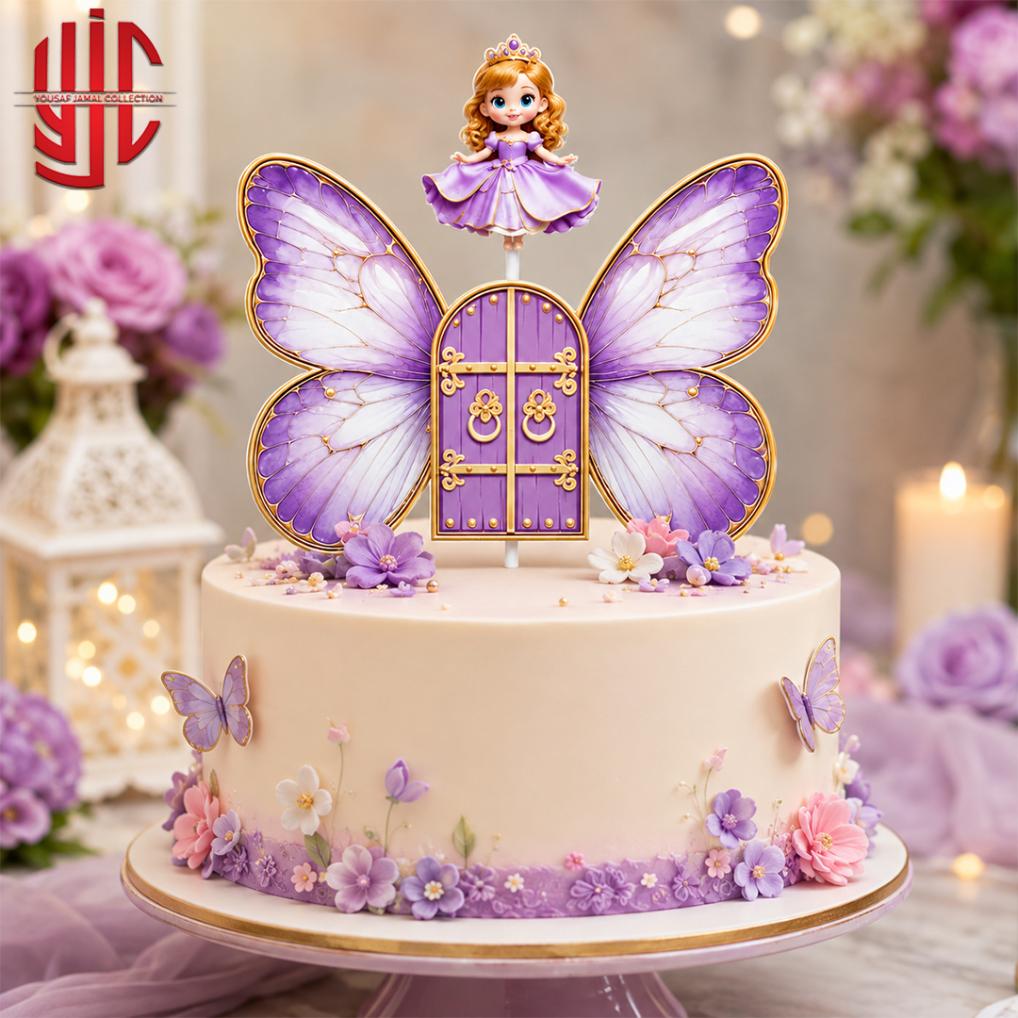 yjc-DCTP-144-1 Puprle Princess Butterfly Castle Theme Paper Cake Topper 4 Pieces Set - Image 1
