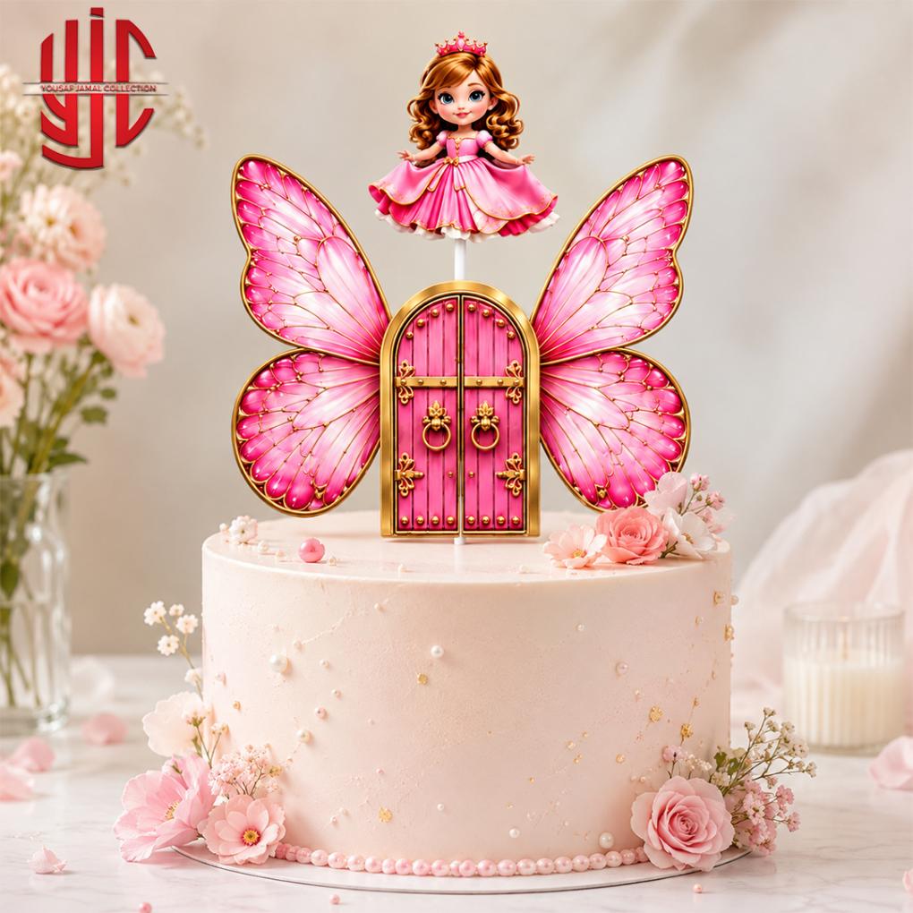 yjc-DCTP-145-1 Pink Princess Butterfly Castle Theme Paper Cake Topper 4 Pieces Set - Image 1