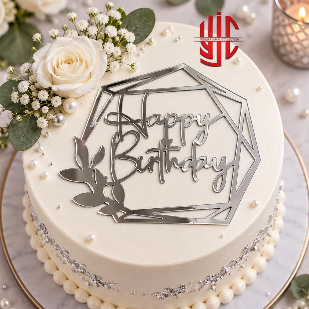yjc-DCTP-162-1 Acrylic Happy Birthday Silver Tags 5 Pcs Pack - Image 1