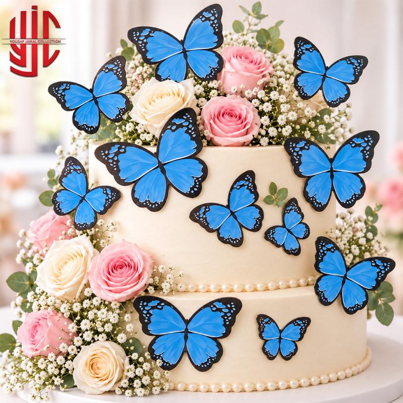 yjc-DCTP-181-1 Elegant Blue Butterfly Cutouts With Black Edges 12 Pieces Pack - Image 1