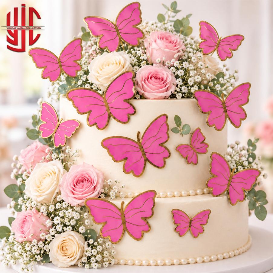 yjc-DCTP-183-1 Magenta Butterfly Cutouts With Golden Borders 12 Pieces Pack - Image 1