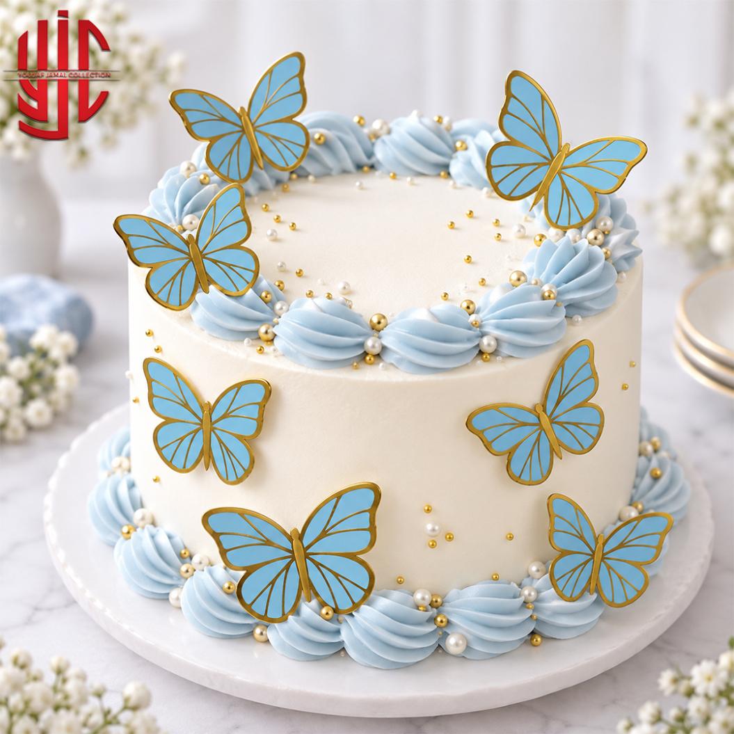 yjc-DCTP-184-a Sky Blue Butterfly Cutouts With Golden Borders 12 Pieces Pack - Image 1