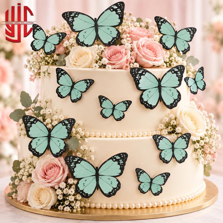 yjc-DCTP-185-1 Mint Green Butterfly Cutouts With Black Edges 12 Pieces Pack - Image 1