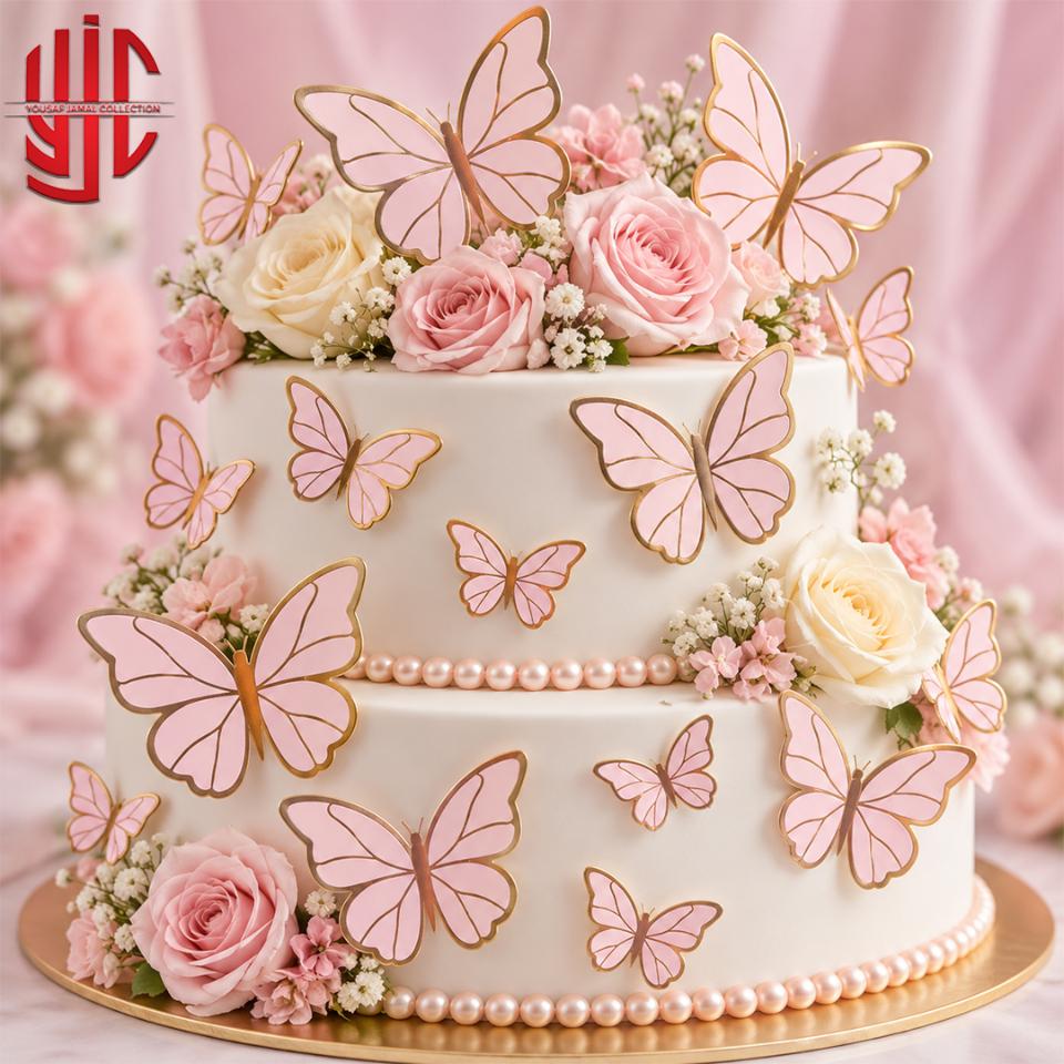 yjc-DCTP-187-1 Baby Pink Butterfly Cutouts With Golden Borders 12 Pieces Pack - Image 1