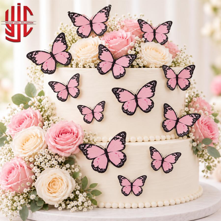 yjc-DCTP-188-1 Elegant Pink Butterfly Cutouts With Black Edges 12 Pieces Pack - Image 1
