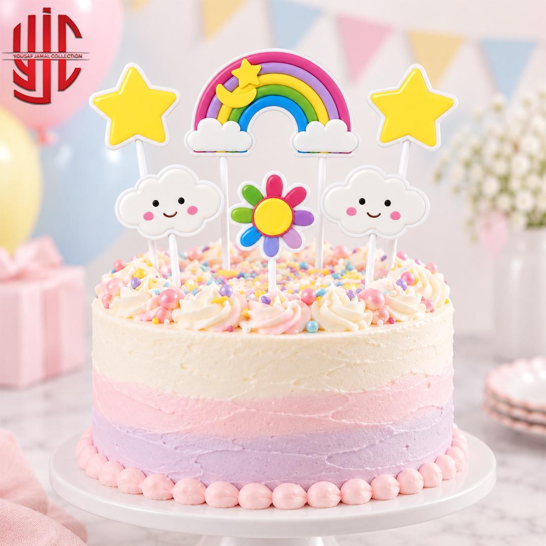 yjc-DCTP-201-1 Rainbow Theme Paper Cake Topper 6 Pieces Set - Image 1