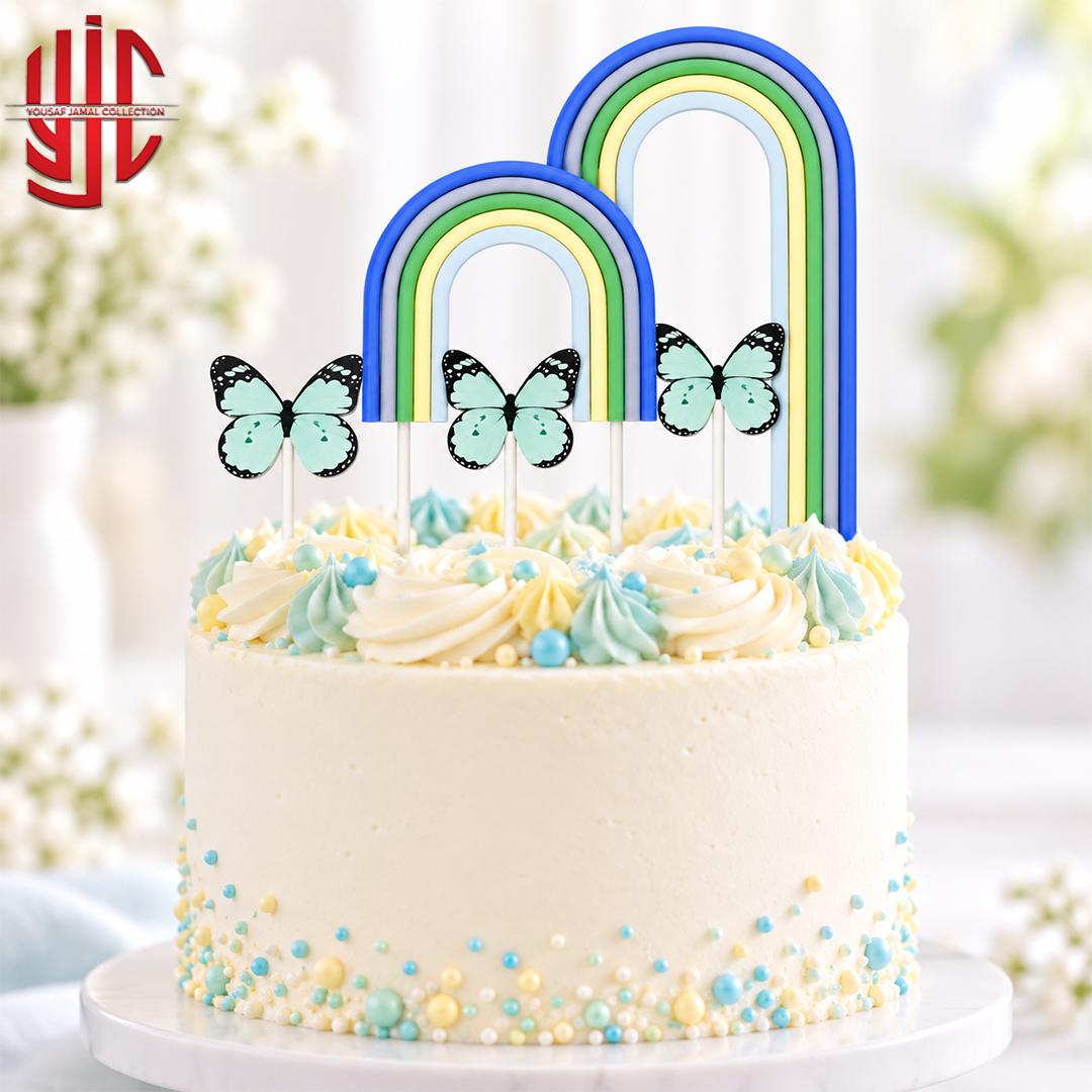 yjc-DCTP-204-1 Rainbow Butterfly Theme Paper Cake Topper 5 Pieces Set - Image 1