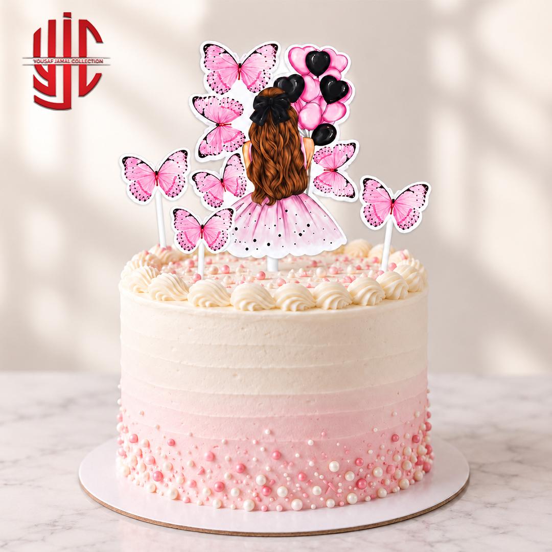 yjc-DCTP-208-1 Pink Girl Butterfly Balloons Theme Paper Cake Topper 4 Pieces Set - Image 1