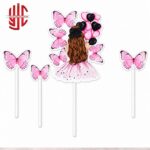 Pink Girl Butterfly Balloons Theme Paper Cake Topper 4 Pieces Set - Image 2