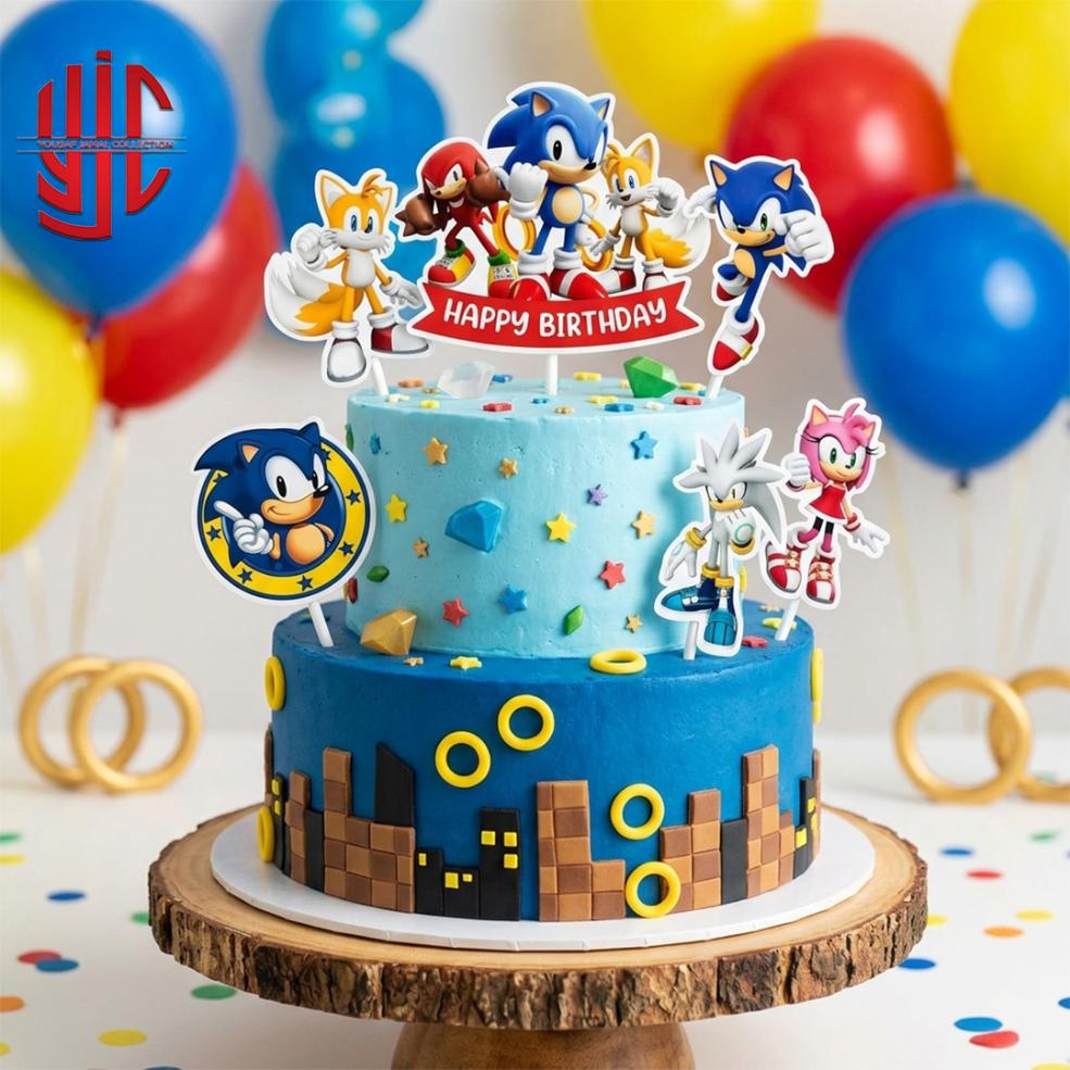 yjc-DCTP-210-1 Sonic Happy Birthday Theme Paper Cake Topper 5 Pieces Set - Image 1