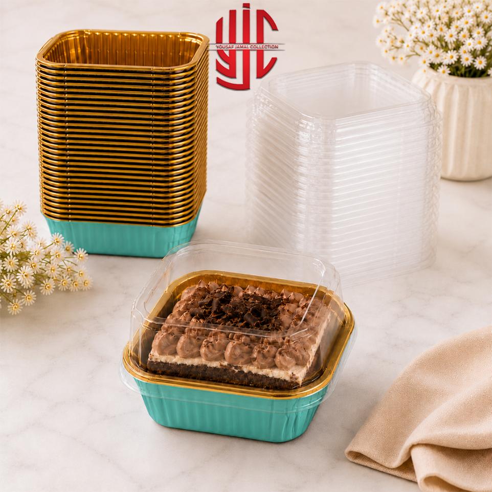 yjc-DPLN-019-1 Sea Green Foil Square Cupcake Liners With Lid 10 Pieces Pack - Image 1